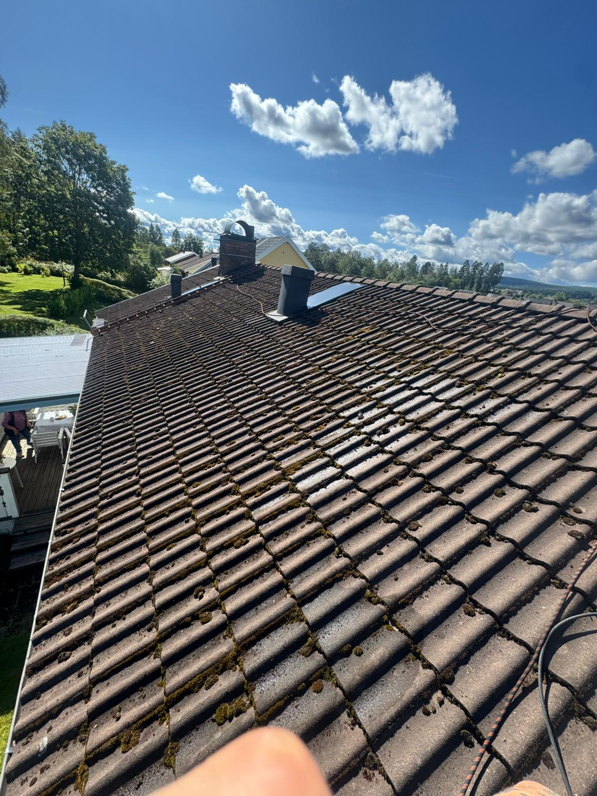 Gammalt mossbelagt betongtak inför takbyte