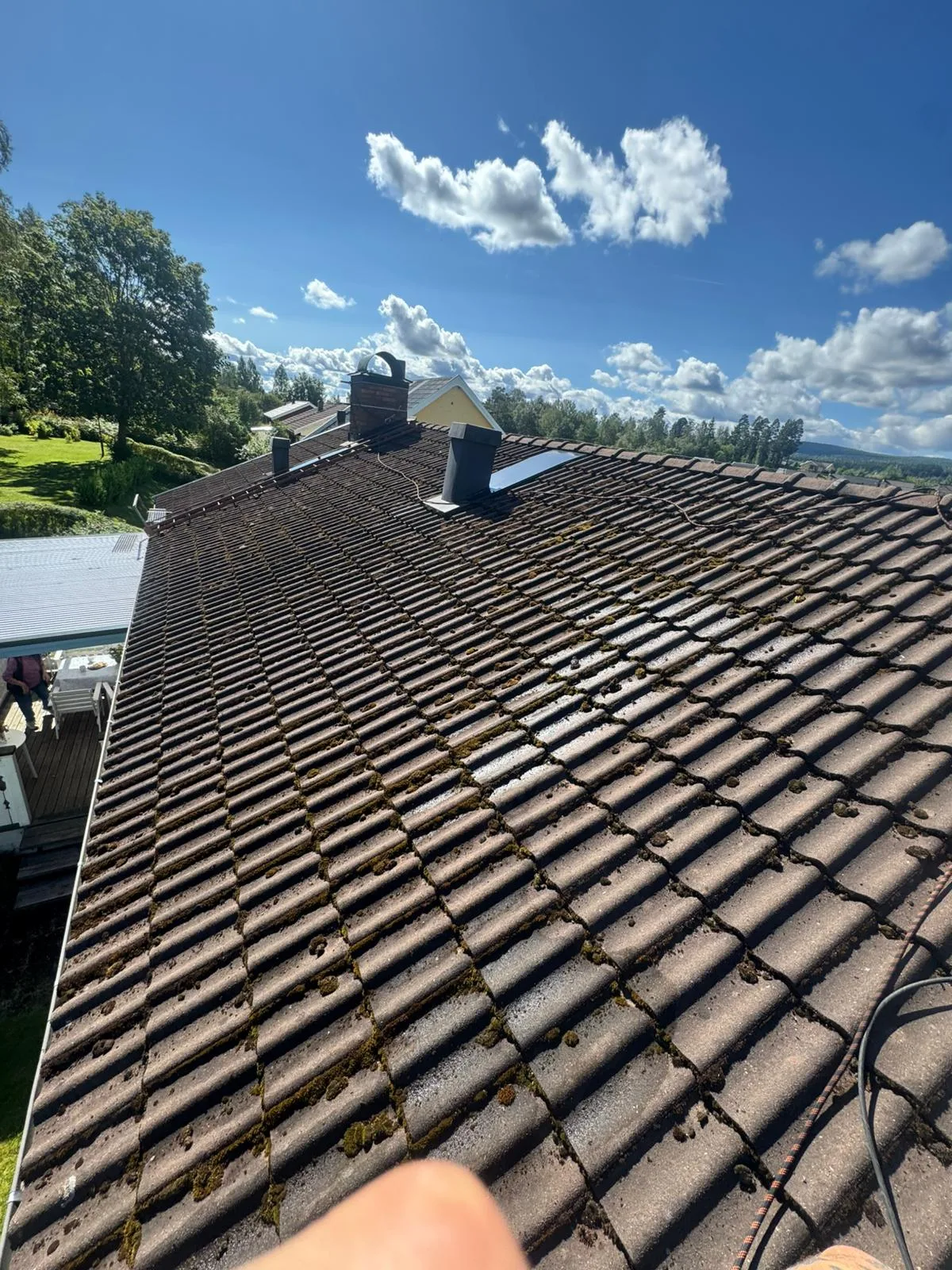 Gammalt mossbelagt betongtak inför takbyte